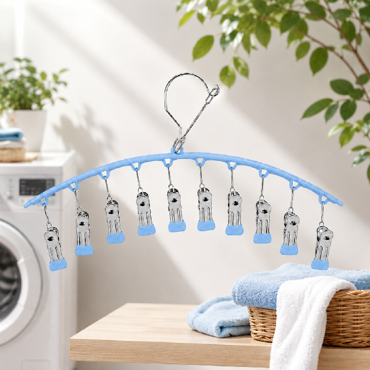 Móc treo quần áo, tất vớ 10 kẹp có khoá chống gió - chắc chắn, siêu bền - Xanh Dương