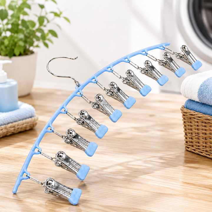 Móc treo quần áo, tất vớ 10 kẹp có khoá chống gió - chắc chắn, siêu bền - Xanh Dương