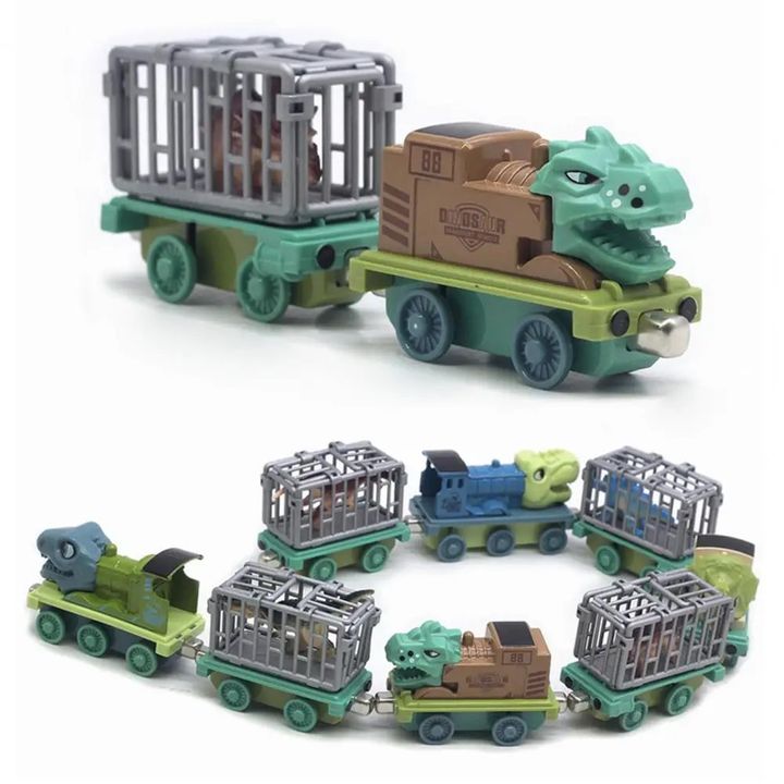 Bộ đồ chơi 4 xe tải kéo nam châm vận chuyển lồng khủng long cho bé trai