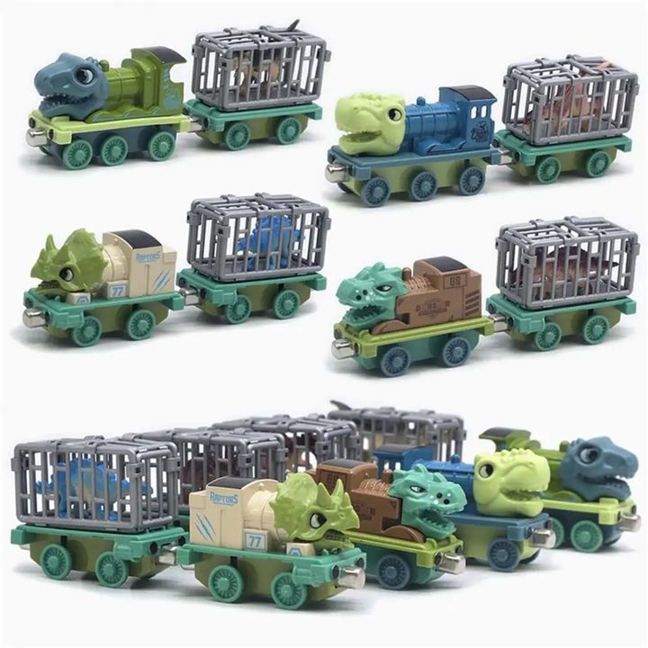 Bộ đồ chơi 4 xe tải kéo nam châm vận chuyển lồng khủng long cho bé trai