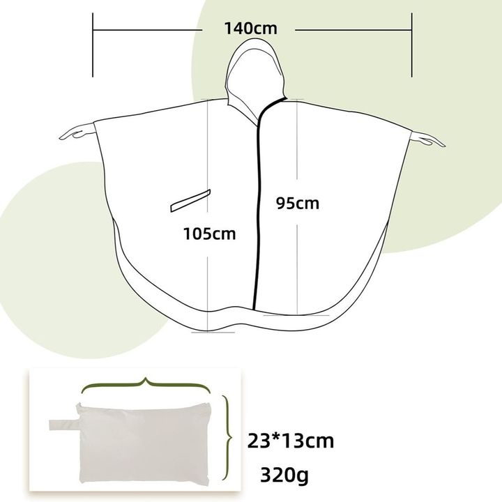Áo mưa Poncho có dây khóa kéo chất liệu vải Taffeta polyester 210T PU siêu gọn nhẹ (màu đen)