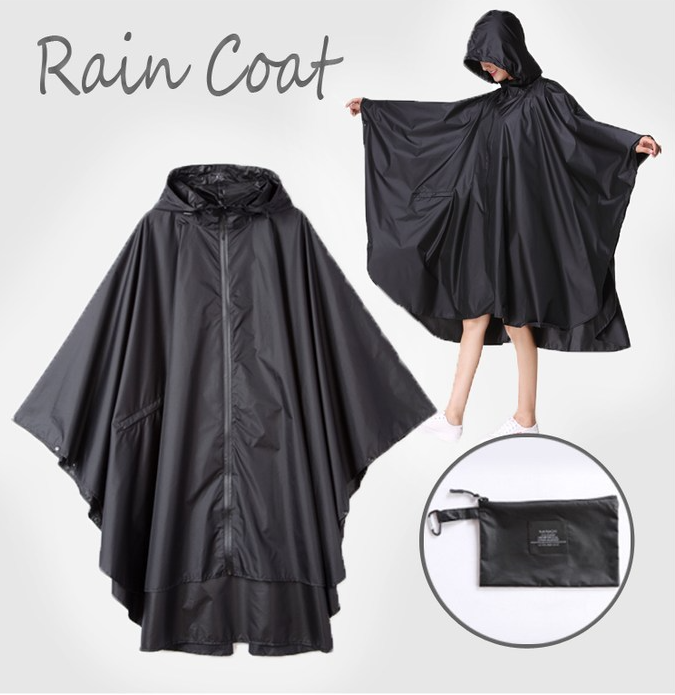 Áo mưa Poncho có dây khóa kéo chất liệu vải Taffeta polyester 210T PU siêu gọn nhẹ (màu đen)