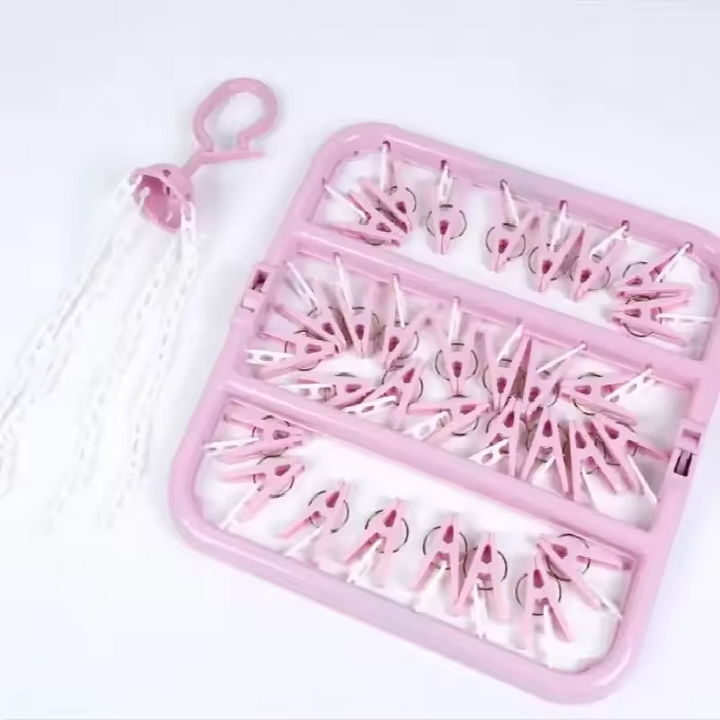 Móc phơi quần áo 32 kẹp đa năng nhựa bền – màu hồng
