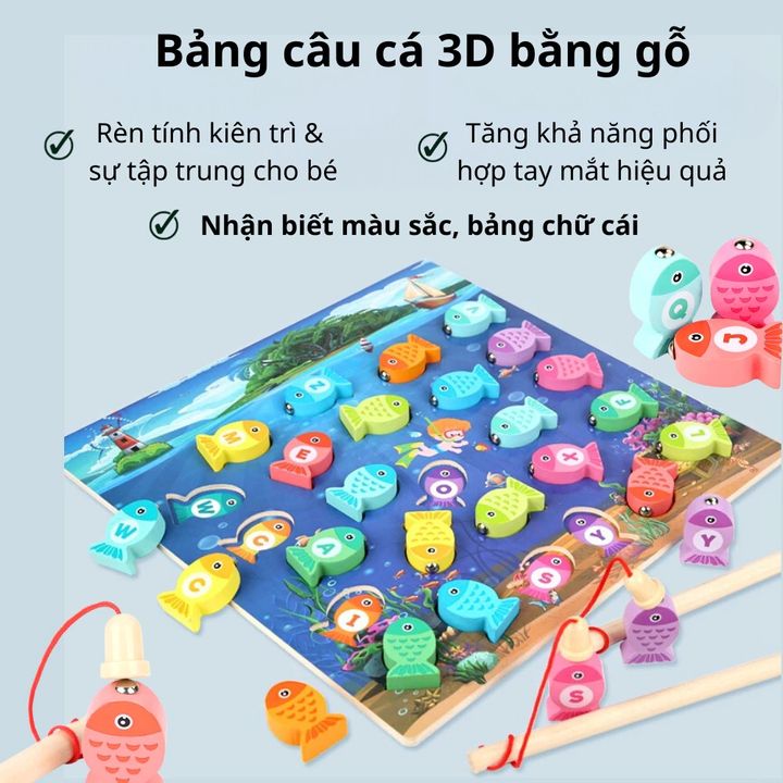 Bảng câu cá 3D bằng gỗ với 26 chữ cái tiếng Anh giúp bé nhận biết mặt chữ, phát triển trí tuệ