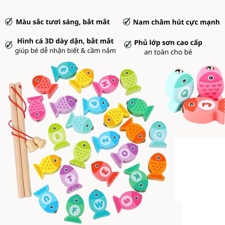 Bảng câu cá 3D bằng gỗ với 26 chữ cái tiếng Anh giúp bé nhận biết mặt chữ, phát triển trí tuệ