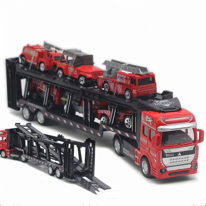 Bộ đồ chơi xe hợp kim vận chuyển 32cm chở 6 xe cứu hỏa
