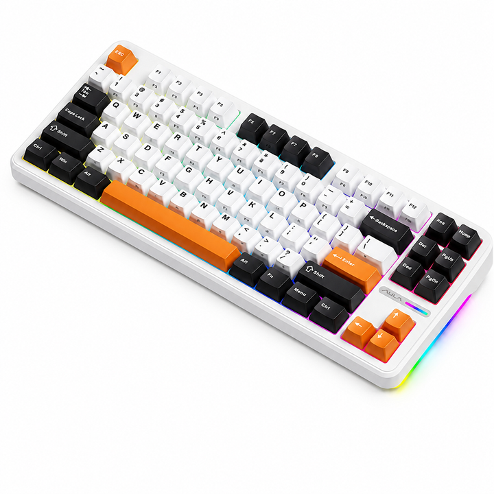 Bàn phím cơ gaming không dây AULA F87-22 (Trắng+đen+cam 3 Modes - Switch Gold) Giảm Tiếng Ồn