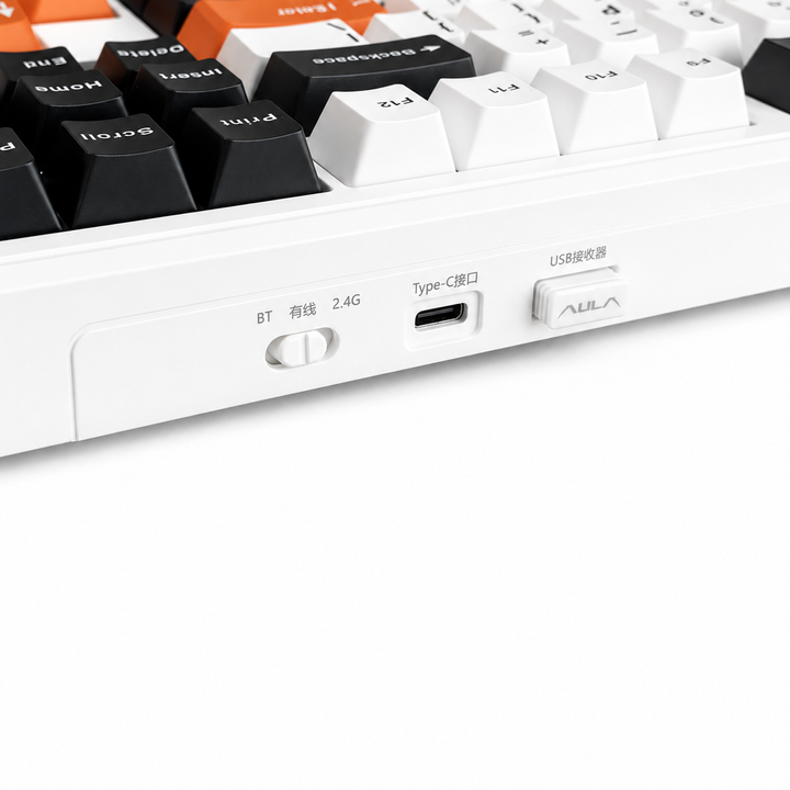 Bàn phím cơ gaming không dây AULA F87-22 (Trắng+đen+cam 3 Modes - Switch Gold) Giảm Tiếng Ồn