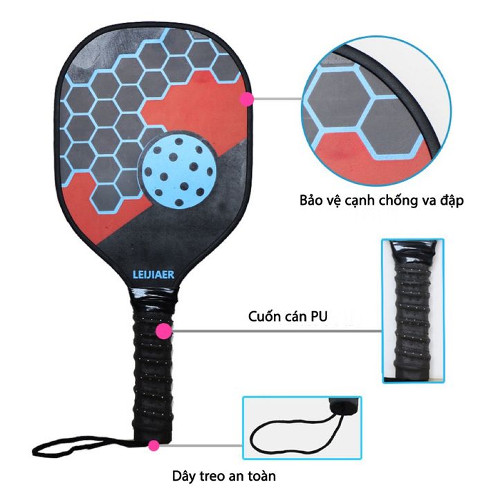 Bộ 2 vợt Pickleball bằng gỗ giả carbon PK-057 bảo vệ cạnh, túi lưới đeo chéo LEIJIAER kèm 4 bóng