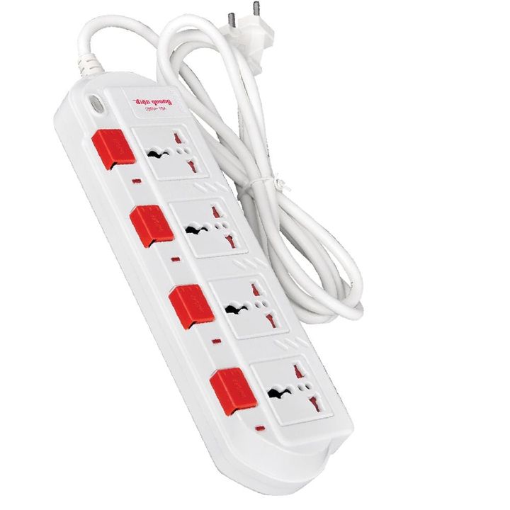 Ổ cắm Điện Quang ĐQ ESK SM740SL ( 4 lỗ 3 chấu ) - Trắng Nút Đỏ - Dây Dài 2 Mét