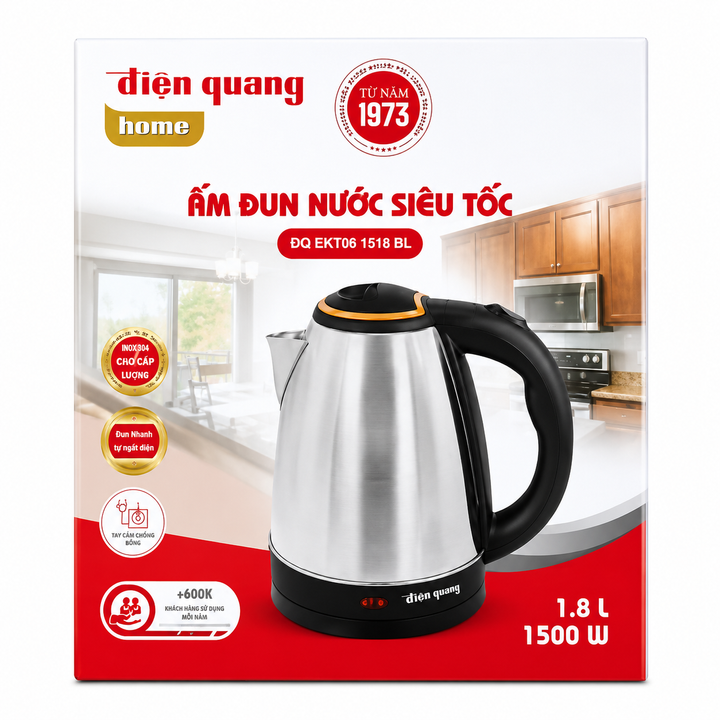 Ấm đun nước siêu tốc Điện Quang ĐQ EKT06 1518 BL 1500W, Thể Tích 1.8L, cấu tạo INOX 201